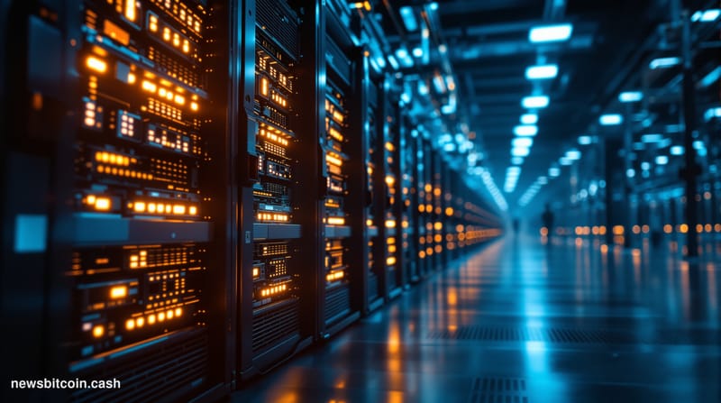A dramatic editorial photograph showing a large-scale Bitcoin mining facility with rows of ASIC miners, shot from a low angle