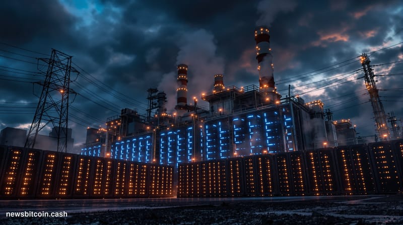A cinematic photorealistic editorial photograph of a massive industrial mining facility in twilight transition, shot from a l