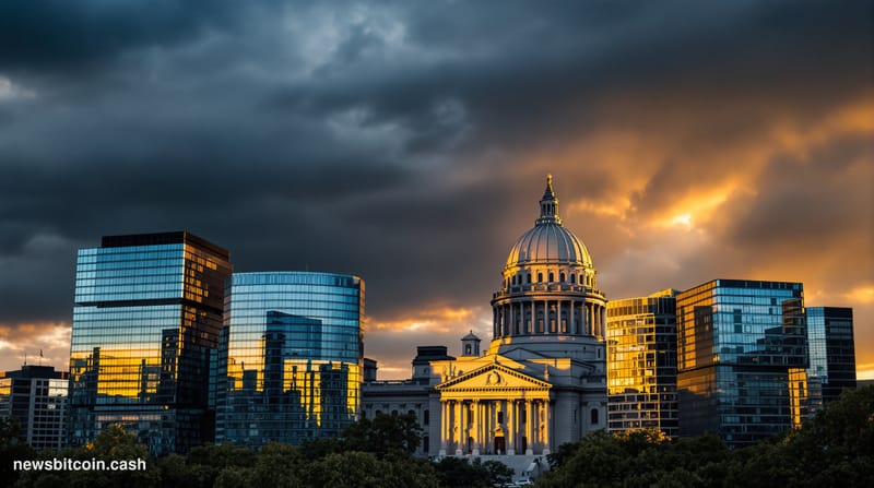 A cinematic photorealistic editorial photograph of the Minnesota State Capitol building in Saint Paul at golden hour, with dr