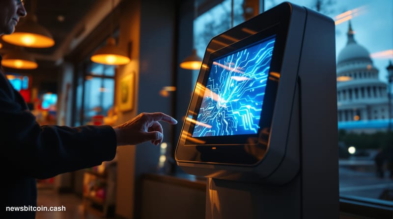 A cinematic photorealistic editorial photograph showing a Bitcoin ATM kiosk in a Missouri convenience store or gas station, w