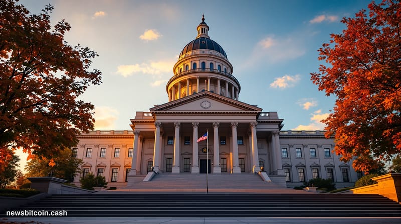 A dramatic photorealistic editorial photograph showing the Missouri State Capitol building in Jefferson City as the dominant 
