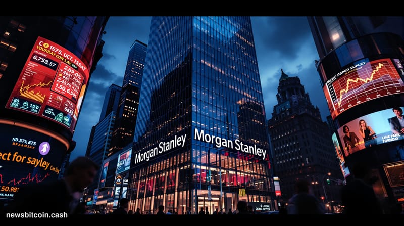A cinematic photorealistic editorial photograph of Morgan Stanley's iconic headquarters at 1585 Broadway in New York City's T