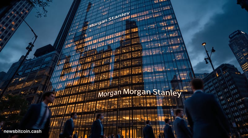 A cinematic photorealistic editorial photograph of Morgan Stanley's iconic Times Square headquarters building in New York Cit