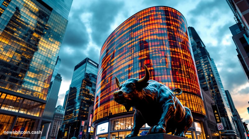 A cinematic photorealistic editorial photograph showing the iconic Nasdaq MarketSite building in Times Square, New York City,