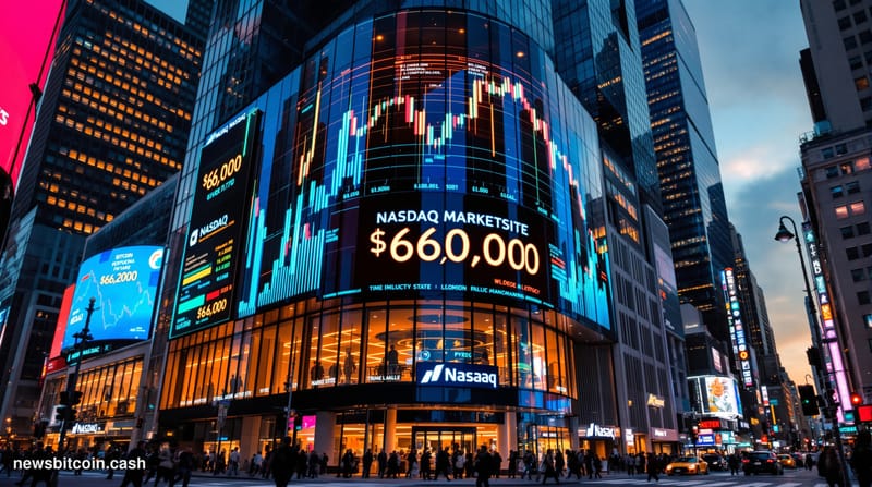 A cinematic photorealistic editorial photograph of the iconic Nasdaq MarketSite building in Times Square at dusk, with its di