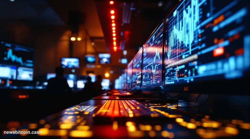 A cinematic photorealistic editorial photograph showing a darkened trading floor or financial operations center with multiple
