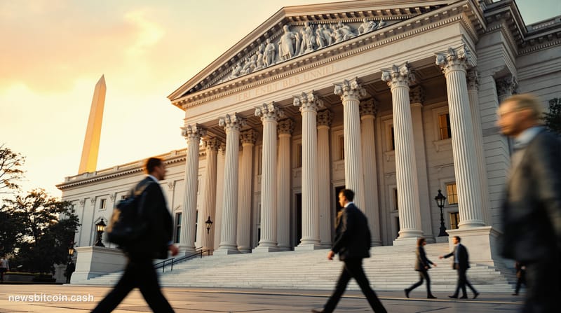 Cinematic photorealistic editorial photograph of the Federal Reserve's imposing neoclassical headquarters building in Washing