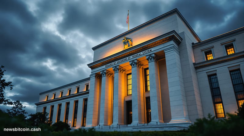 A cinematic photorealistic editorial photograph of the imposing Federal Reserve Building in Washington DC, shot from a low an