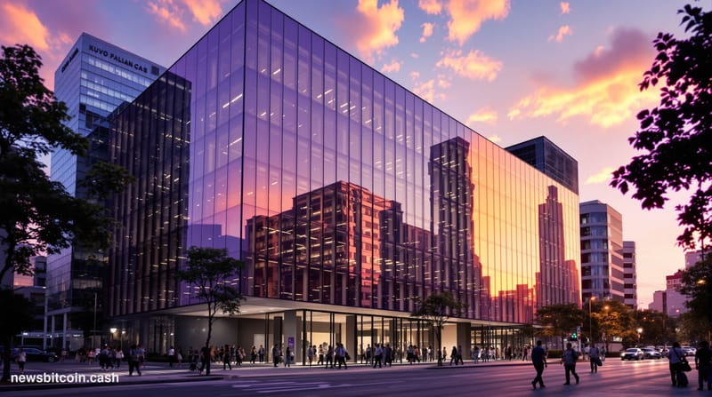 Cinematic photorealistic editorial photograph of Nubank's distinctive purple-branded corporate headquarters in São Paulo, Bra