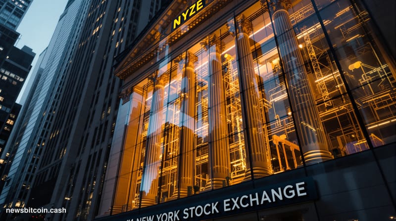 Cinematic photorealistic editorial photograph showing the imposing glass facade of the New York Stock Exchange building at 11