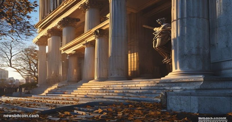 A cinematic photorealistic editorial photograph showing the exterior of a federal courthouse in Columbus, Ohio during late af