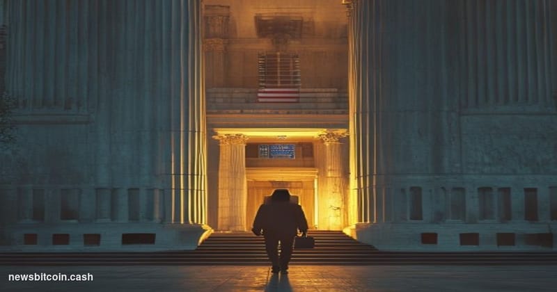 A cinematic photorealistic editorial photograph of a stark federal courthouse exterior in Ohio, shot during golden hour with 