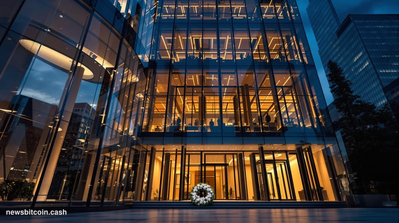 A cinematic photorealistic editorial photograph of a modern financial district office building at dusk, with warm golden ligh