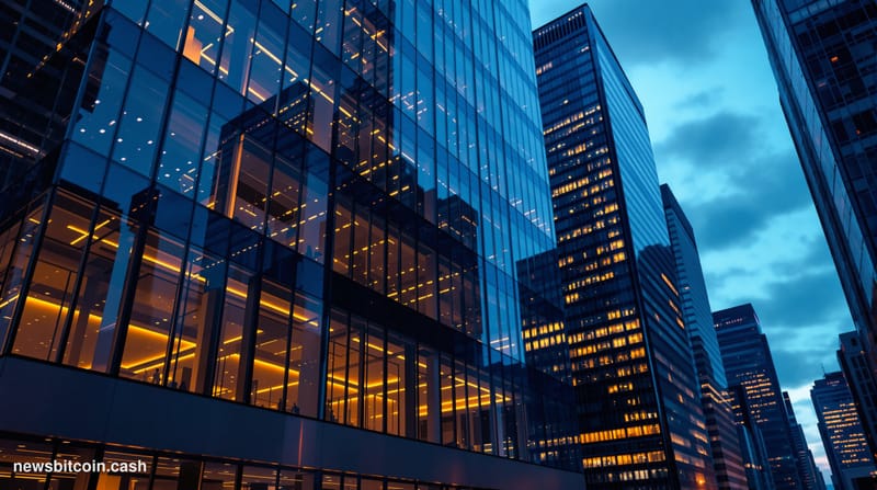 A cinematic photorealistic editorial photograph of a modern financial district at dusk, showing sleek glass office buildings 