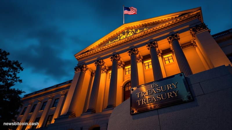 A cinematic photorealistic editorial photograph showing the imposing facade of the US Treasury Department building in Washing