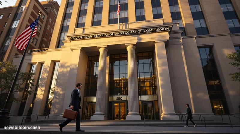 A cinematic photorealistic editorial photograph showing the imposing facade of the Securities and Exchange Commission headqua