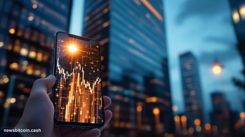 Cinematic photorealistic editorial photograph showing a modern financial district at dusk with glass office buildings reflect