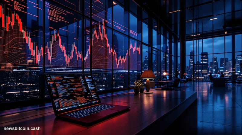 A cinematic photorealistic editorial photograph of a modern glass-walled trading floor or financial technology center at dusk