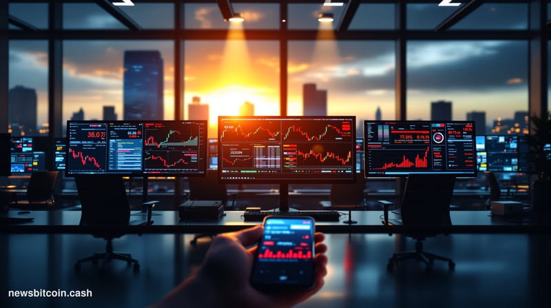 A cinematic photorealistic editorial photograph showing a modern tech office environment with multiple computer monitors disp