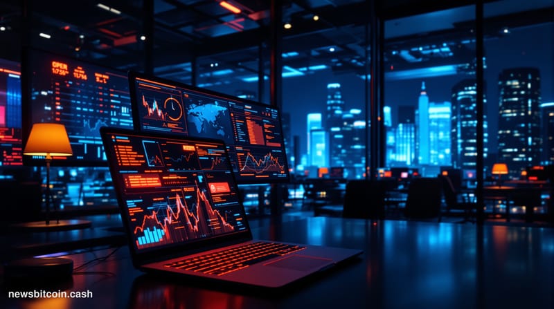 A cinematic photorealistic editorial photograph showing a modern tech office environment with multiple computer screens displ