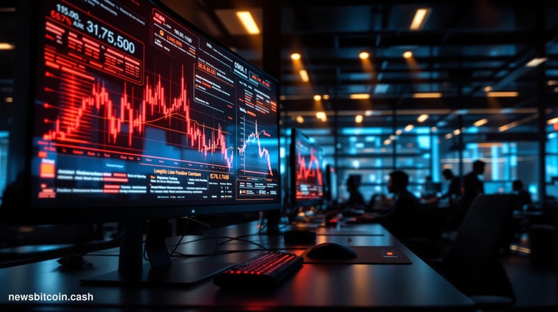 A cinematic photorealistic editorial photograph of a modern cryptocurrency trading floor or fintech office environment with m