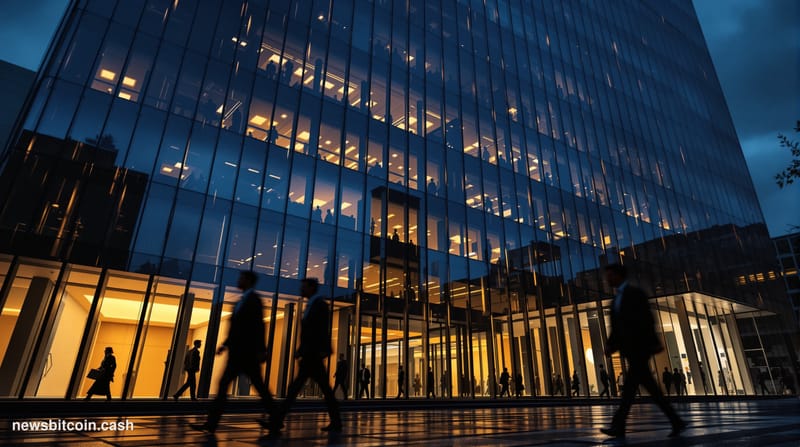 A cinematic photorealistic editorial photograph showing the exterior of a modern glass office building at dusk, representing 