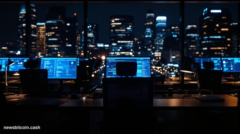 A cinematic photorealistic editorial photograph of a dimly lit modern office environment at night, shot from a low angle thro