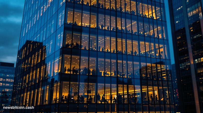 A cinematic photorealistic editorial photograph of a modern glass office building at dusk, with the distinctive architectural