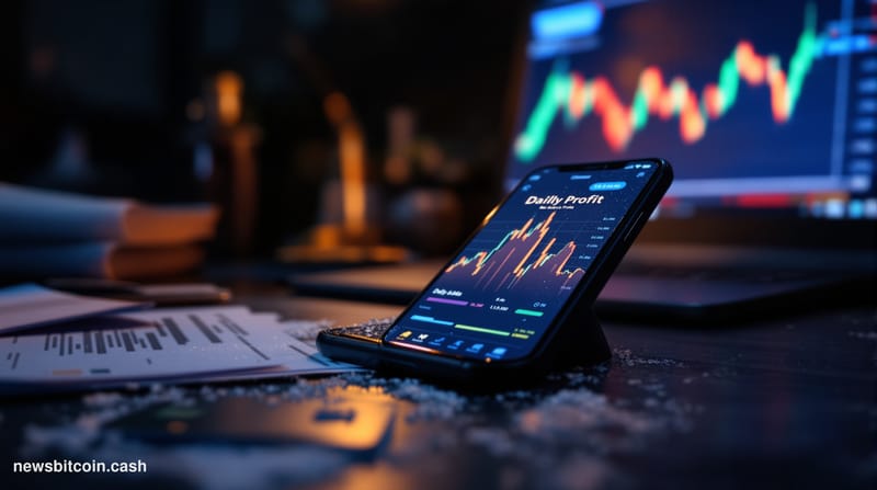 Cinematic photorealistic editorial photograph showing a smartphone screen displaying a polished social media trading interfac