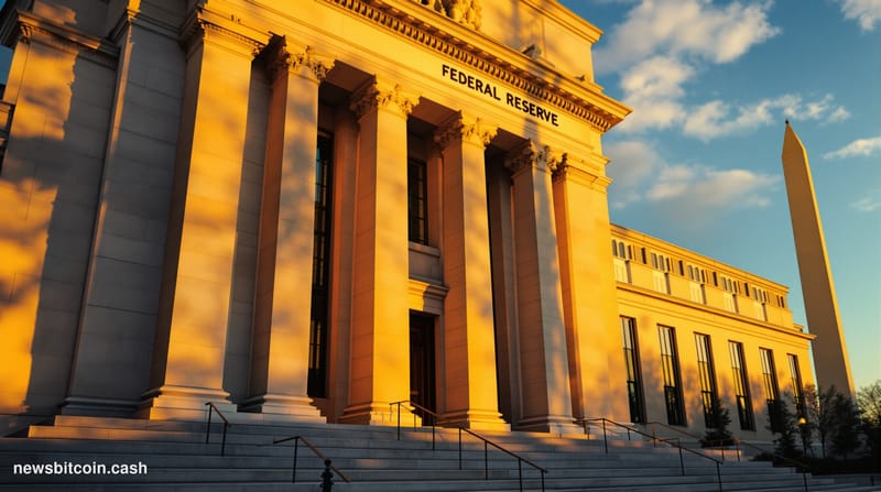 A cinematic photorealistic editorial photograph of the iconic Marriner S. Eccles Federal Reserve Board Building in Washington