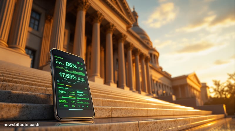 A cinematic photorealistic editorial photograph capturing the intersection of prediction markets and regulatory momentum. Sho