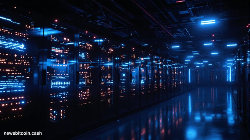 Cinematic photorealistic editorial photograph showing a darkened trading floor or data center with rows of silent server rack