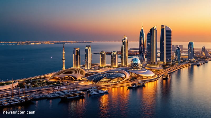 A cinematic photorealistic editorial photograph showing the distinctive modern skyline of Doha, Qatar at dusk, with the iconi
