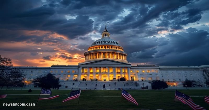 A cinematic photorealistic editorial photograph of the United States Capitol building at dusk, shot from a low angle to empha