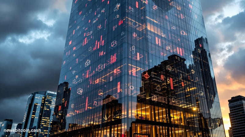 A cinematic photorealistic editorial photograph showing the Revolut headquarters building in London's Canary Wharf financial 