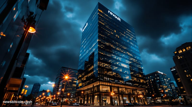 Cinematic photorealistic editorial photograph of Revolut's London headquarters at Canary Wharf, showing the distinctive glass
