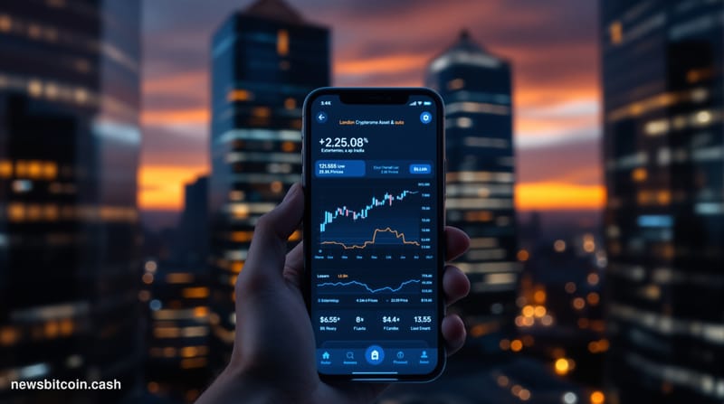 A cinematic photorealistic editorial photograph showing a smartphone displaying the Revolut app interface with a cryptocurren
