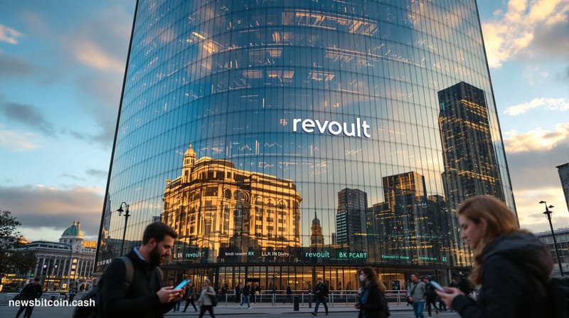 A cinematic photorealistic editorial photograph showing the Revolut headquarters building in London's Canary Wharf financial 