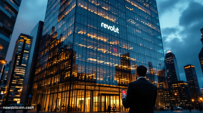 A cinematic photorealistic editorial photograph showing the Revolut headquarters building in London's Canary Wharf financial 
