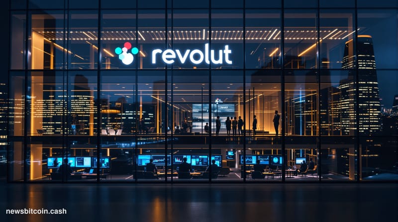 A cinematic photorealistic editorial photograph of Revolut's London headquarters at night, showing the modern glass facade of