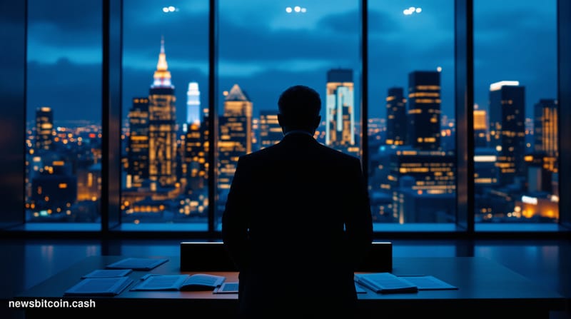 A cinematic photorealistic editorial photograph showing a modern conference hall interior with floor-to-ceiling windows overl