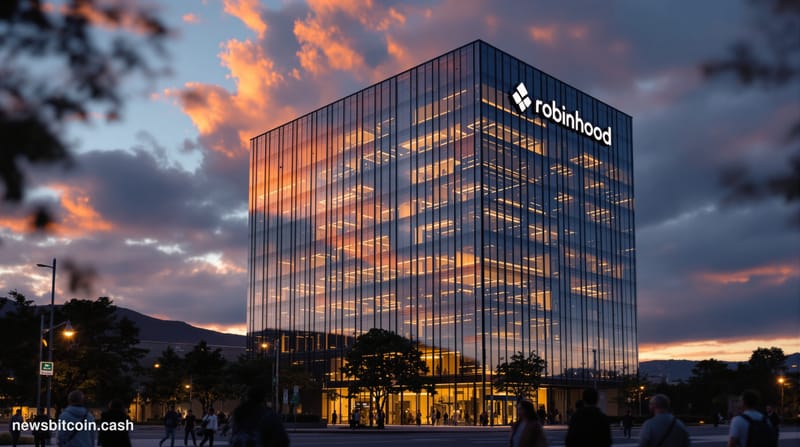 A cinematic photorealistic editorial photograph of Robinhood's headquarters in Menlo Park, California, captured during golden