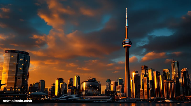 A cinematic photorealistic editorial photograph showing the iconic Toronto skyline with the CN Tower prominently featured aga
