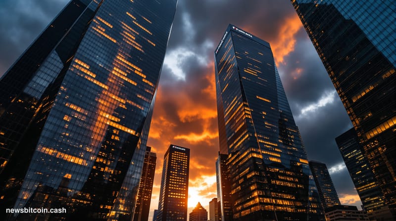 A dramatic cinematic photograph of Moscow's financial district at dusk, with the imposing towers of Russian banking instituti