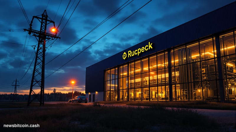 A dramatic cinematic photorealistic editorial photograph of a Russian cryptocurrency mining facility at dusk, shot from a low
