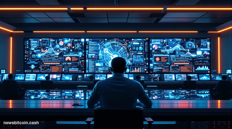 A cinematic photorealistic editorial photograph showing a modern blockchain security operations center with multiple large mo