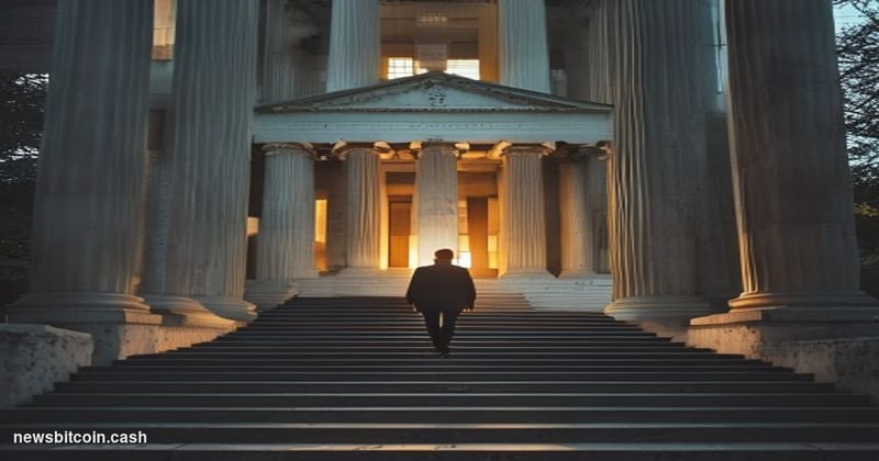 A cinematic photorealistic editorial photograph showing a stark federal courthouse exterior at dusk, with dramatic golden hou