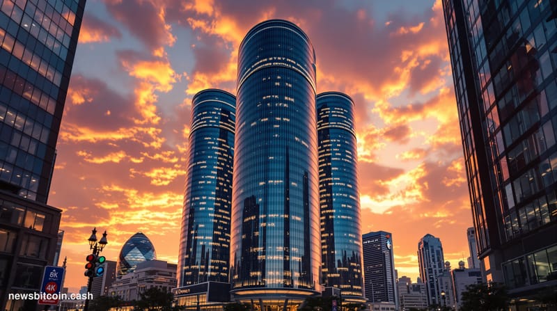 Cinematic photorealistic editorial photograph showing Samsung's iconic headquarters complex in Seoul's Gangnam district durin
