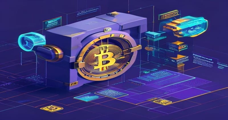 Isometric flat vector illustration showing a large corporate vault (representing Strategy's Bitcoin treasury) with golden Bit