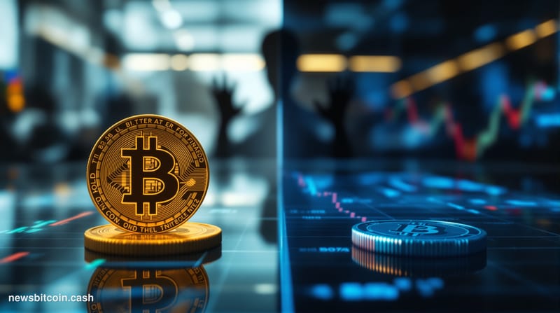 Cinematic photorealistic editorial photograph showing a split-screen composition: on the left, a physical Bitcoin coin positi